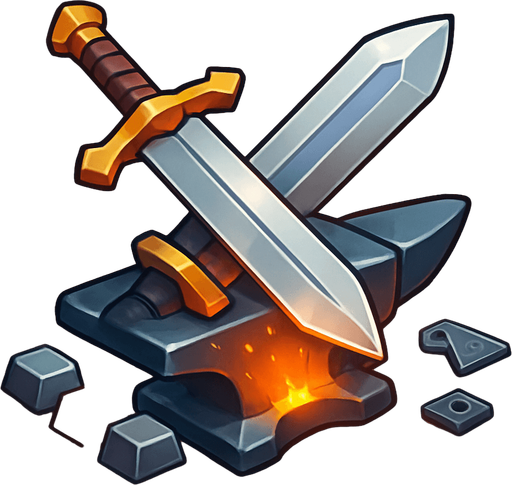Modern App Store icon, high definition, square with rounded corners, for a game titled "Forge & Craft: Sword Smithy" and with the description "Craft unique swords at your anvil workshop. Combine materials and components on your crafting table to forge powerful blades and build your collection.". No text on icon!