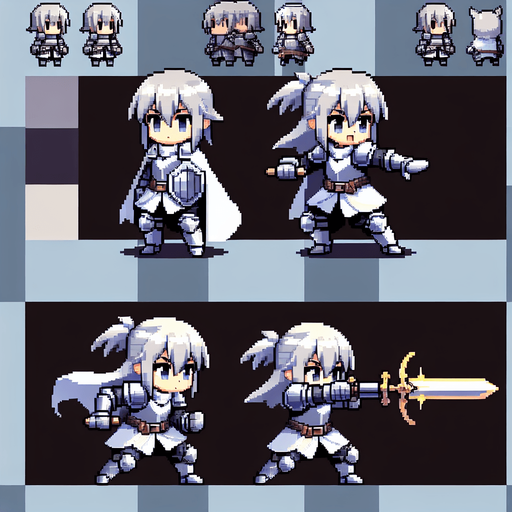 generate a 2d asset pixel art spritesheet of a anime girl knight with two frames. one idle and one attacking with a sword
Single Game Texture.  In-Game asset.  2d.  Blank background.  High contrast.  No shadows