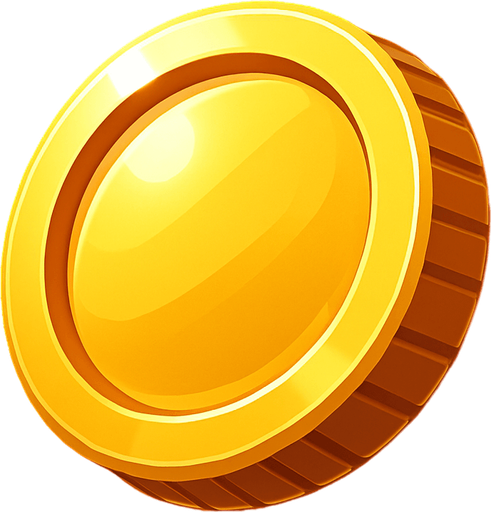 Create a shiny golden coin (token) asset for a game. The coin should have a polished, reflective surface with subtle engravings or ridges around the edge. It should look 3D with soft highlights and shadows to give depth. The size should be suitable as a collectible power-up floating slightly above the ground. Style should be clean and vibrant, fitting a modern arcade or action game..
In-Game asset.  2d.  High contrast.  No shadows