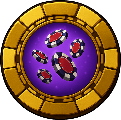 Change the image of the shield in the center to poker chips falling from the sky. Change the background color in the center to purple.