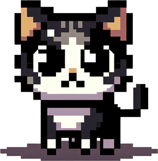 8-bit. Cartoon. Funny. Stray cat. In game asset. No background. No shadow. High quality. Single Game Texture. In-Game asset. 2d. Blank background. High contrast. No shadows.