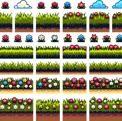 Horizontal ground sprite sheet. Grass and dirt. Sideways. Flowers
Single Game Texture.  In-Game asset.  2d.  Blank background.  High contrast.  No shadows