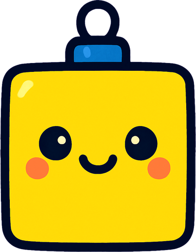 Perfectly square bright cobalt yellow Christmas decoration with cute happyy face. Cartoon style. Cute art style.simple.
In-Game asset.  2d.  High contrast.  No shadows