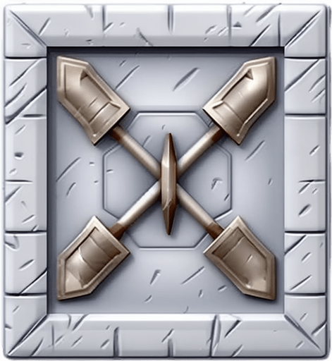 Single square button with bow and arrow on it. Metal button
Game Texture. In-Game asset. 2d. Pixelart. White background. Blank background. Low detail. High contrast.