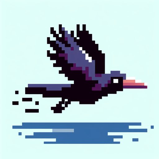 8-bit profile of crow flying straight.
Single Game Texture. In-Game asset. 2d. Blank background. High contrast. No shadows.