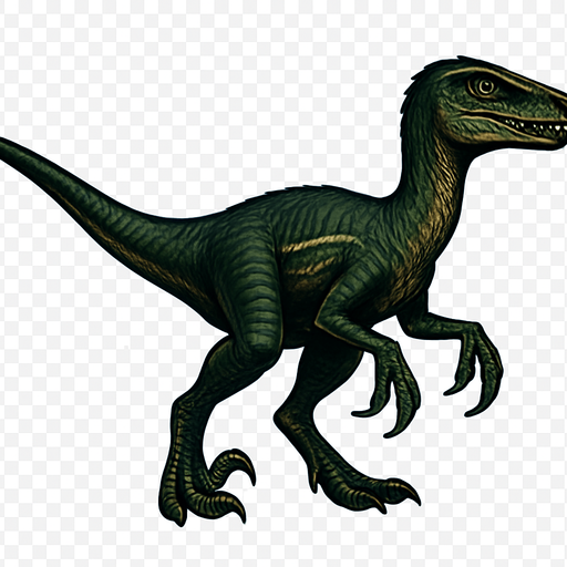 A sleek and agile Deinonychus dinosaur in a neutral pose on a transparent background. It has a slender body covered with dark green and brown textured scales, accented with lighter stripes along its sides. The head is narrow with sharp teeth visible, and bright, alert eyes. Its arms are relatively long with sharp claws, and its legs show the famous sickle-shaped claws on the second toes. The tail is long and flexible for balance. The skin texture is detailed, showing small scales and subtle muscle definition..
In-Game asset.  2d.  High contrast.  No shadows