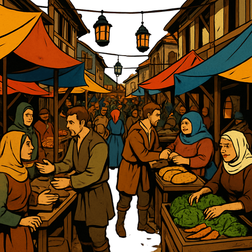 A crowded medieval street market with colorful tents, villagers bargaining, hanging lanterns, dirt road and wooden stalls, lively and rustic, realistic.
In-Game asset.  2d.  High contrast.  No shadows