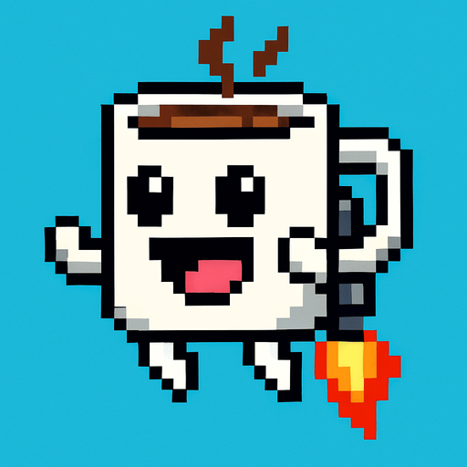 una tasa de cafe caricaturesca de pixeles con un jet pak.
In-Game asset.  2d.  High contrast.  No shadows