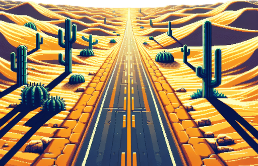 desert landscape with a straigth road centered..
video game style