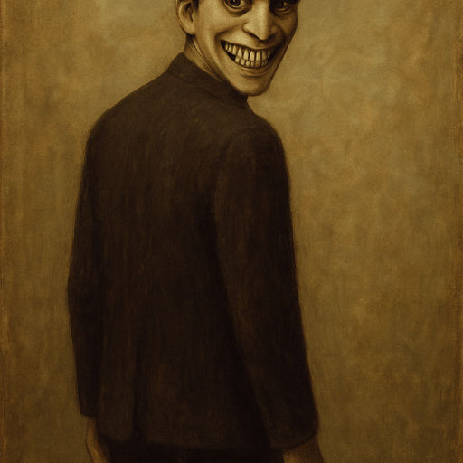 make his head backwards looking to camera and smiles uncanny horror