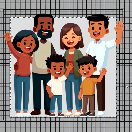 A smiling family waving..
Single Game Texture. In-Game asset. 2d. Blank background. High contrast. No shadows.