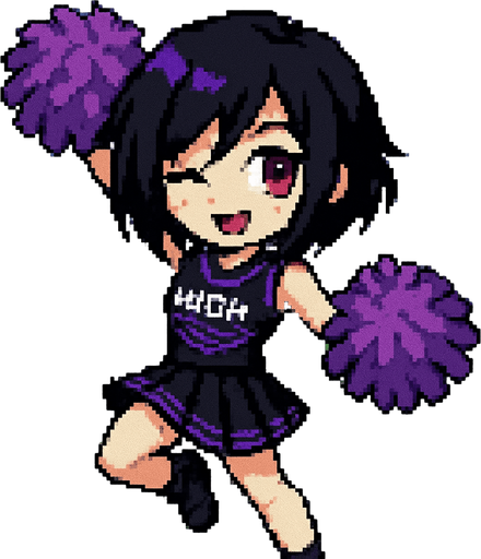 A cute anime-style girl rendered in pixel art, with an emo aesthetic and striking purple eyes, is wearing a high school cheerleader uniform and holding pom-poms in both hands. With her arms and legs extended in a dynamic pose, she winks playfully while cheering. The background is an American football field.