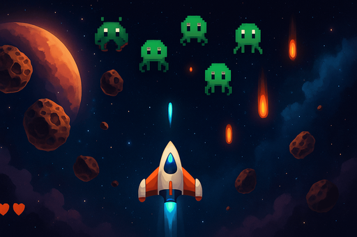 Fullscreen modern App Store landscape banner, 16:9, high definition, for a game titled "Cosmic Defender" and with the description "A space shooter where you control a spaceship to survive 60 seconds against descending alien enemies, meteorites, and enemy fire. Destroy enemies to stay alive with 3 lives as your buffer against collisions.". No text on banner!