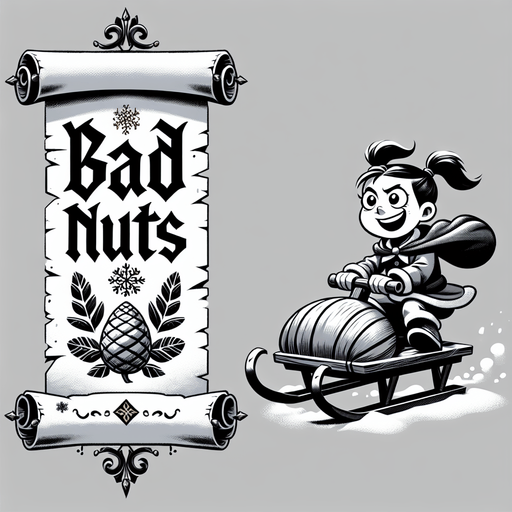 a pergament letter with the name "Bad Nuts". It has a evil looking little girl brat with a ponytail on a sledge on it. vertical. Single Game Texture. In-Game asset. 2d. Blank background. High contrast. No shadows.