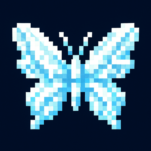butterfly of white and light blue pixels like crystal.
In-Game asset.  2d.  High contrast.  No shadows. 8-bits