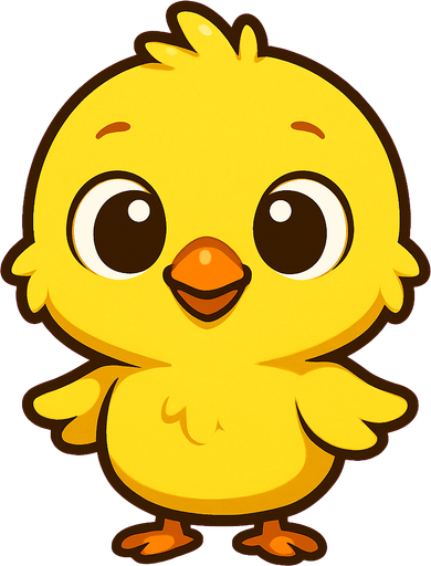 “A cute cartoon-style baby chick standing upright, designed as a game character. Big round eyes, small orange beak, fluffy yellow feathers, small wings, tiny feet. Bright and happy expression, simple colorful background, high-quality digital illustration, ideal for a mobile game character..
In-Game asset.  2d.  High contrast.  No shadows. cartoon style