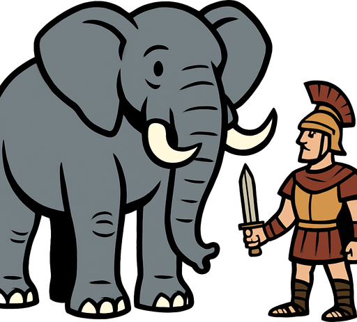 Animasyon çizgi dizi tarzında büyük ve devasa bir fil çiz yanındada elinde kılıç olan eski çağlardan bir asker olsun.
In-Game asset.  2d.  High contrast.  No shadows