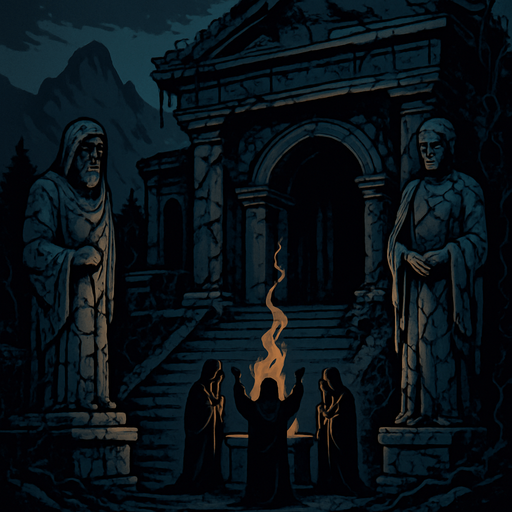 A forgotten mountain temple shrouded in shadow, stone statues with cracks, cloaked worshippers performing a dark ritual, vines crawling over walls, realistic.
In-Game asset.  2d.  High contrast.  No shadows