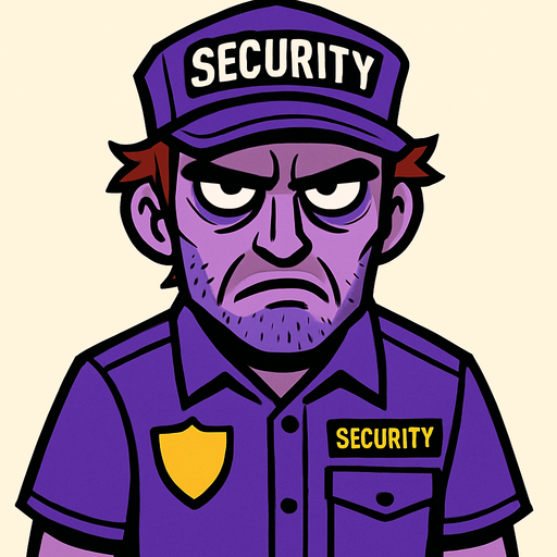 A 30-something security guard in a purple uniform, looking tired and vengeful..
In-Game asset.  2d.  High contrast.  No shadows