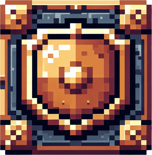Square flat shield made of bronze pixelart rectangular.
Single Game Texture. In-Game asset. 2d. Blank background. High contrast. No shadows.