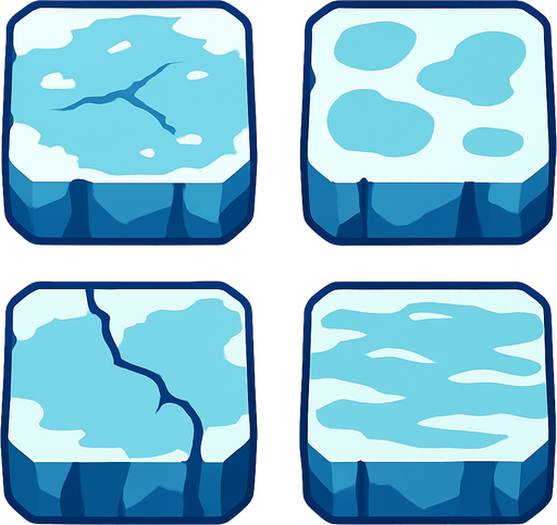 Generate a 2D sprite sheet arranged in a 2x2 grid, featuring game tiles of stylized arctic ice for a mobile game. The art style should be a clean vector illustration with flat colors and high contrast, suitable for a top-down, bird's-eye view. There should be no shadows.
The sprite sheet must show 4 distinct variations of an ice tile, each with a different surface appearance:.
In-Game asset.  2d.  High contrast.  No shadows