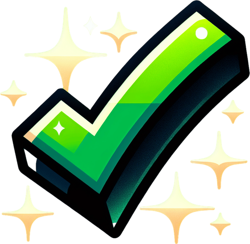 A bold green checkmark..
Single Game Texture. In-Game asset. 2d. Blank background. High contrast. No shadows.