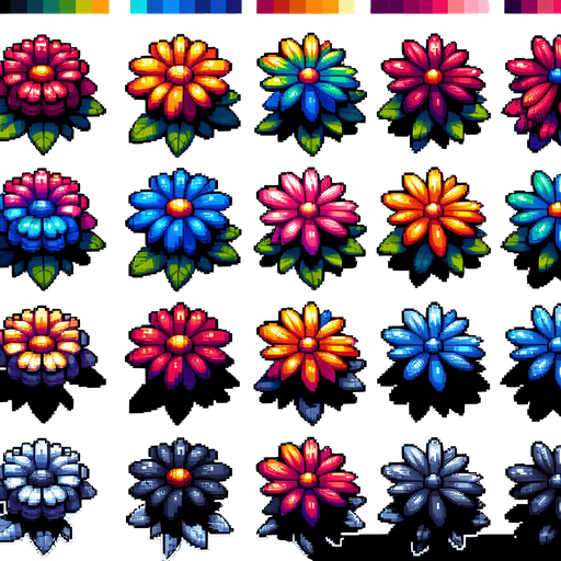 A sprite sheet of flowers seen from above. Cartoon. All similar size. Each blossom has multi colored rainbow petals. only the blossom. Bold colors and shading. 
Single Game Texture. In-Game asset. 2d. Blank background. High contrast. No shadows.