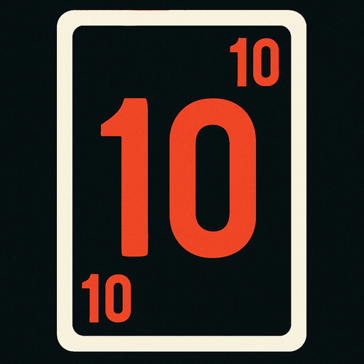 Rectangular card numbered 10, with a white border around it and a dark background..
In-Game asset.  2d.  High contrast.  No shadows
