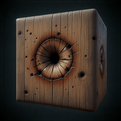 wood bullet hole.
Single Game Texture. In-Game asset. 2d. Blank background. High contrast. No shadows.