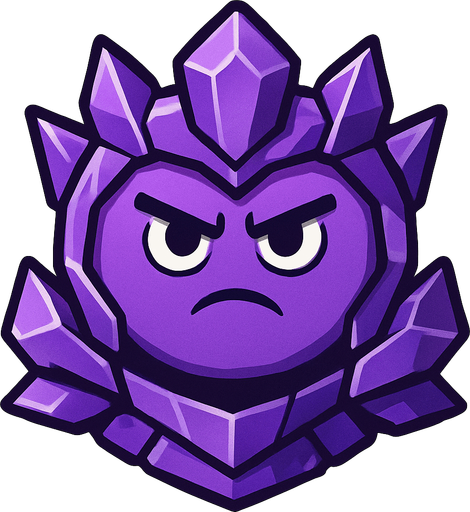 a purple circle with purple crystal armour and a sturn look on his face. only the head
In-Game asset.  2d.  High contrast.  No shadows