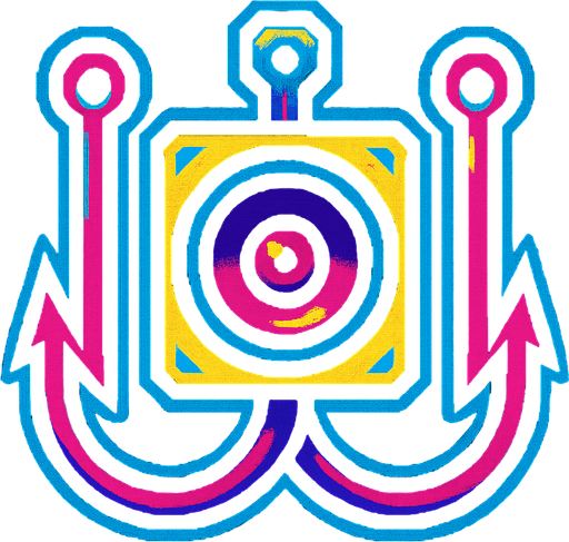 A double sided fishing hook with a small speaker in the center. 80s arcade machine graphics..
In-Game asset.  2d.  High contrast.  No shadows