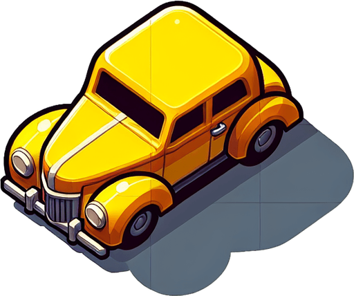 yellow car upper view design as in cartoons.
Single Game Texture. In-Game asset. 2d. Blank background. High contrast. No shadows.