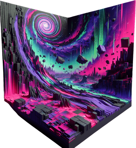Backdrop: A warped reality scene with twisting, fragmented terrain and a swirling vortex in the background.

Colors: Deep purples, neon pinks, and electric greens.

Details: Fractured floating rocks and glitch-like patterns..
Single Game Texture. In-Game asset. 2d. Blank background. High contrast. No shadows.