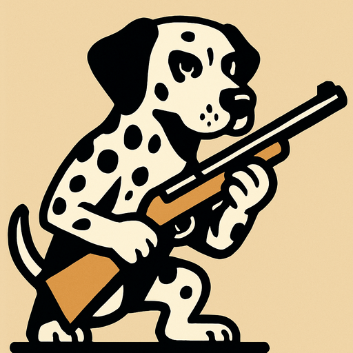 dalmation dog holding a gun.
In-Game asset.  2d.  High contrast.  No shadows. hunting