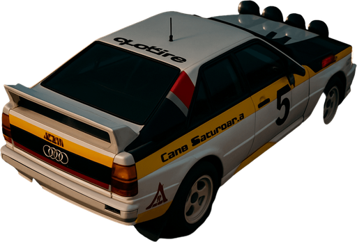 Photorealistic white audi b2 quattro RALLYCAR with YELLOW LIVERY AND red,grey,black stripes livery, drone topview from back in night. Angle should be 45 degrees in the top right corner of the screen.