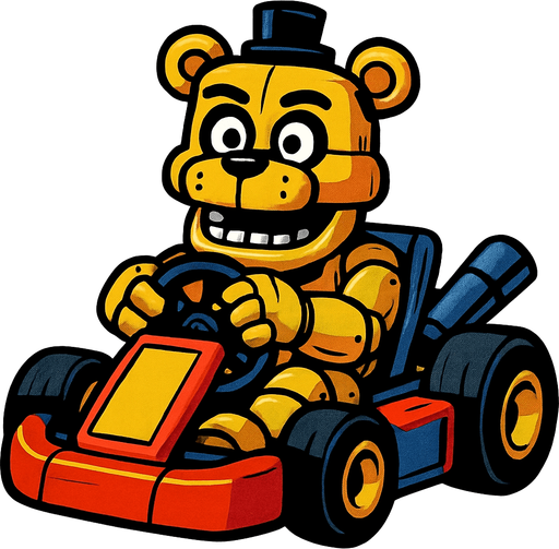 Un oso dorado animatronico en un kart.
In-Game asset.  High contrast.  No shadows