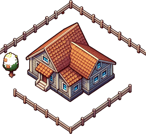 farmhouse, top view, cartoon style.
Single Game Texture. In-Game asset. 2d. Blank background. High contrast. No shadows.