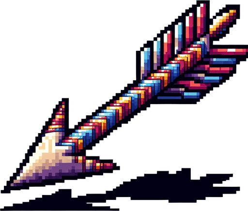 a sharp cartoon-style arrow flying to the right, with colorful string, 2D game asset, minimal shading, pixel-perfect edges, isolated, flat art style.
Single Game Texture.  In-Game asset.  2d.  Blank background.  High contrast.  No shadows