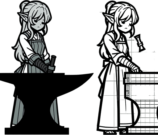 Девушка эльфийка кузнец у наковальни.
Single Game Texture. In-Game asset. 2d. Blank background. High contrast. No shadows.