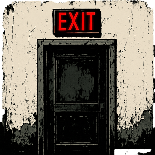 Make a door with a white wall like it was in an abandoned school on top of the door is a glowing red exit sign.
In-Game asset.  2d.  High contrast.  No shadows