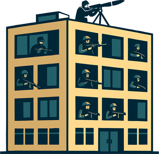 büyük modern bir bina, bazı camlarında silahlı insanlar var, çatısında roket atar var..
In-Game asset.  2d.  High contrast.  No shadows