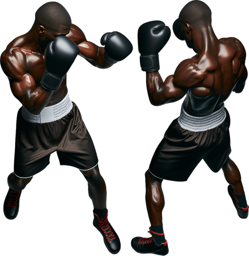 Un boxeur vu de dessus dans 2 positions : en garde et frappe.