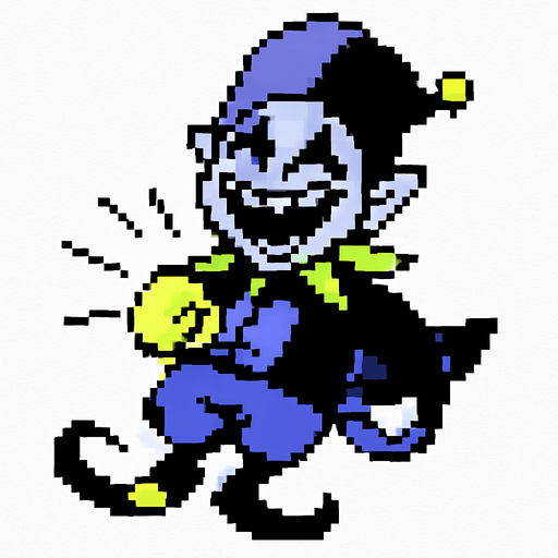 Jevil de deltarune capitulo uno siendo golpeado en el estomago echandose un poco para atras aunque con una risa loca en su rostro (pixeleado con fondo blanco).
In-Game asset.  2d.  High contrast.  No shadows