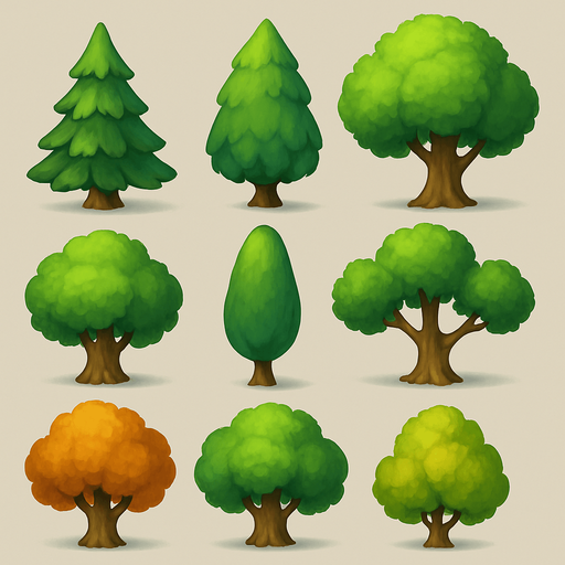 Pack of different tree, painted 3D tree, without black lines around it!
In-Game asset.  High contrast.  No shadows. 3D
