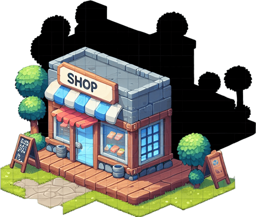 Make it look like a shop.
Single Game Texture.  In-Game asset.  2d.  Blank background.  High contrast.  No shadows
