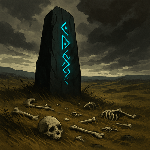 A windswept plain with a cursed black stone monolith, glowing runes etched into it, bones scattered around, storm clouds looming, realistic.
In-Game asset.  2d.  High contrast.  No shadows