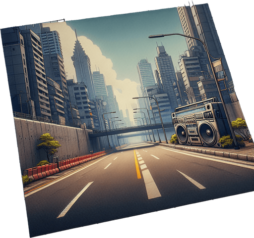 an urban street road near a boom box Single Game Texture. In-Game asset. 2d. Blank background. High contrast. No shadows.