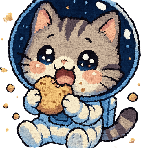 A cute kitten, illustrated in an adorable chibi anime style and wearing an astronaut suit, is joyfully eating as if it hadn’t had a meal in ages. Its eyes sparkle with delight, and crumbs float around in zero gravity.