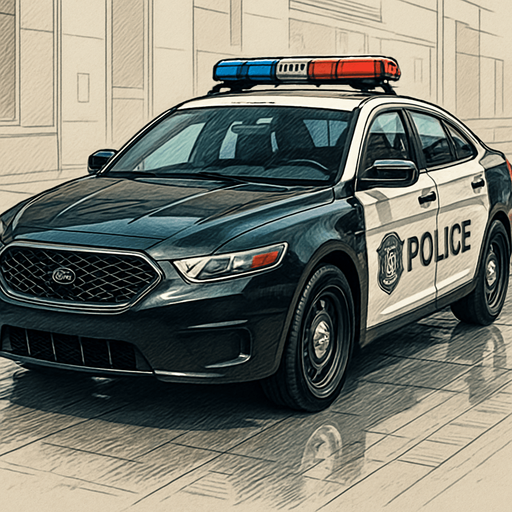 A highly detailed 2D illustration of a modern police car, viewed from a 3/4 front angle. The car should feature realistic proportions, reflective black and white paint, a visible police logo on the doors, detailed sirens and light bars on top, chrome accents, visible tires with tread, a front grille with texture, and a clean, urban background with street reflections. Emphasize realism and intricate detail, with proper shading and highlights to give a semi-realistic hand-drawn look. The style should combine comic art with technical illustration.
In-Game asset.  2d.  High contrast.  No shadows