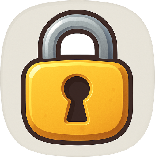 A small, flat 2D padlock icon designed for mobile games. The lock should be cartoon-style with a rounded body, thick outline, and a keyhole in the center. Use soft shadows and a slight 3D effect. The color should be golden yellow or metallic gray, clearly visible when placed over a flag. The icon must have a transparent rounded background and be suitable for overlaying on a world map UI in a kids’ adventure game..
In-Game asset.  2d.  High contrast.  No shadows